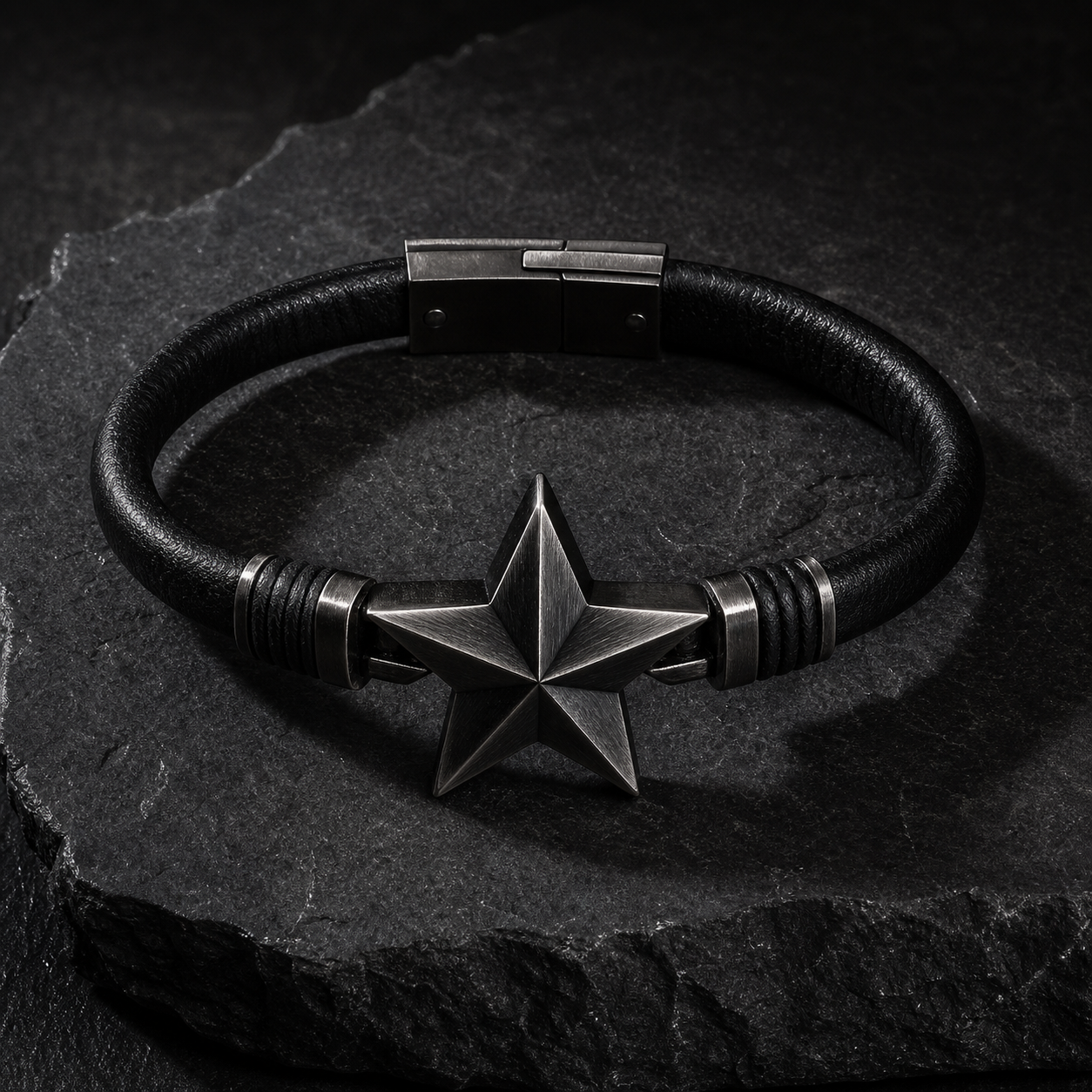 SAD STAR Bracelet in black leather and dark metal